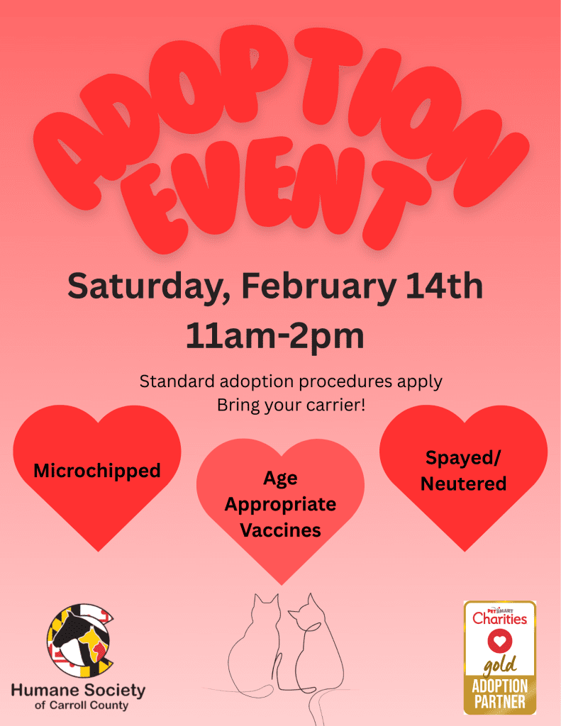 Adoption Event Saturday, Feb 14th at PetSmart Harrisburg PA from 11am-2pm. Cats and kittens will be available to adopt. 4200 Derry Street. Cats are fully vetted- age appropriate vaccines, microchip, spay/neuter. Must be 21+ to adopt. If you rent please bring a lease agreement or landlord letter stating can have animal. Bring a carrier.