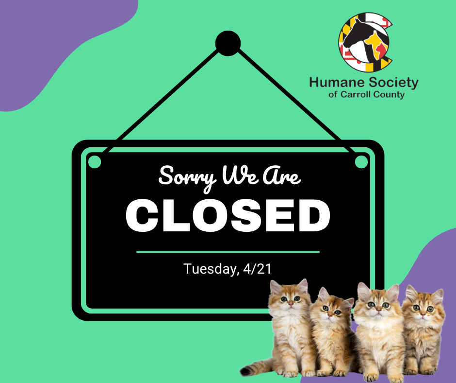 The Humane Society of Carroll County is closed on 4/21. Closure does not affect the spay/neuter clinic.