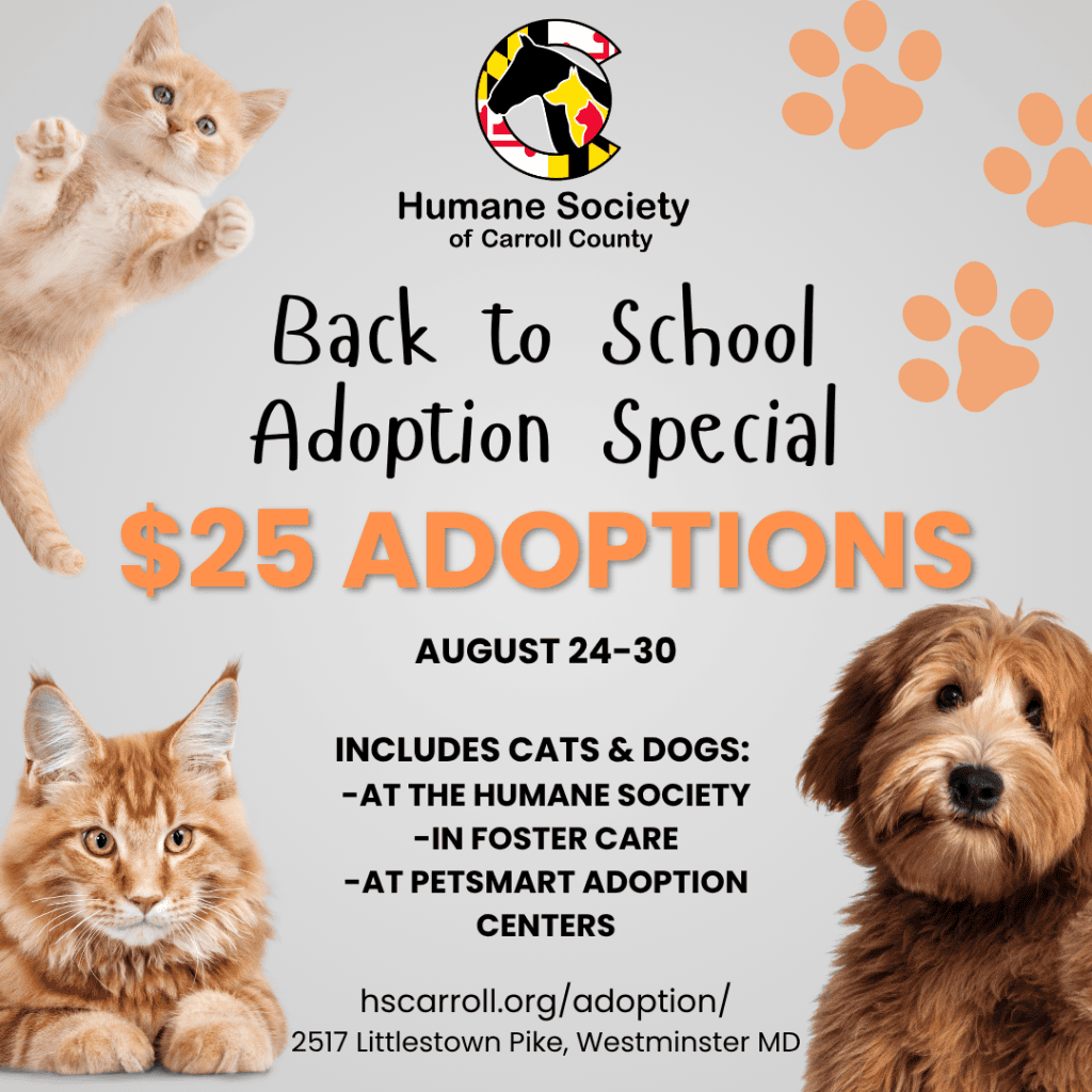 Adoption Special--August 24-30, 2026. All cat and dog adoptions are $25. Includes animals at the shelter, in foster care, and at our PetSmart adoption centers.